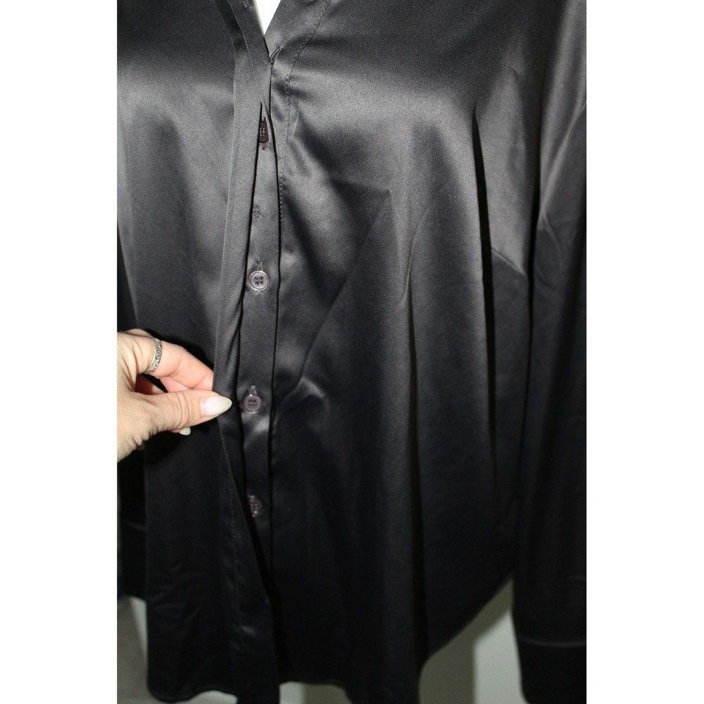 Lane Bryant‎ Black Satin Button Down Shirt Long Sleeve Stretch Blouse Size 14 - Picture 3 of 9